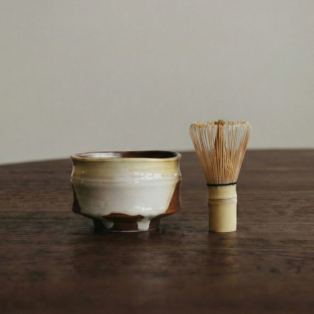 Ceramic tea bowl and whisk on a wooden surface with a neutral background