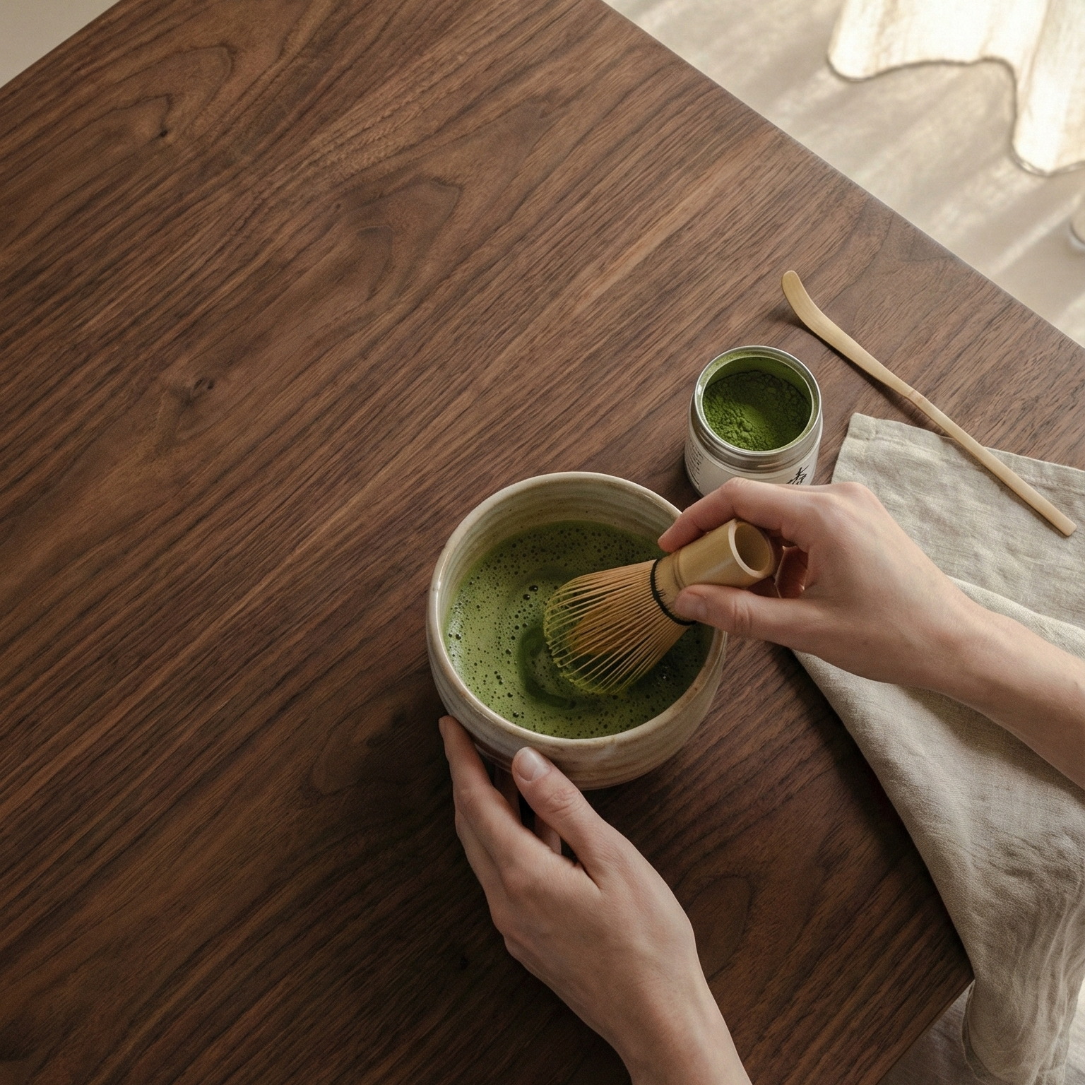 Person preparing matcha in a small bowl on a wooden table with a soft light background