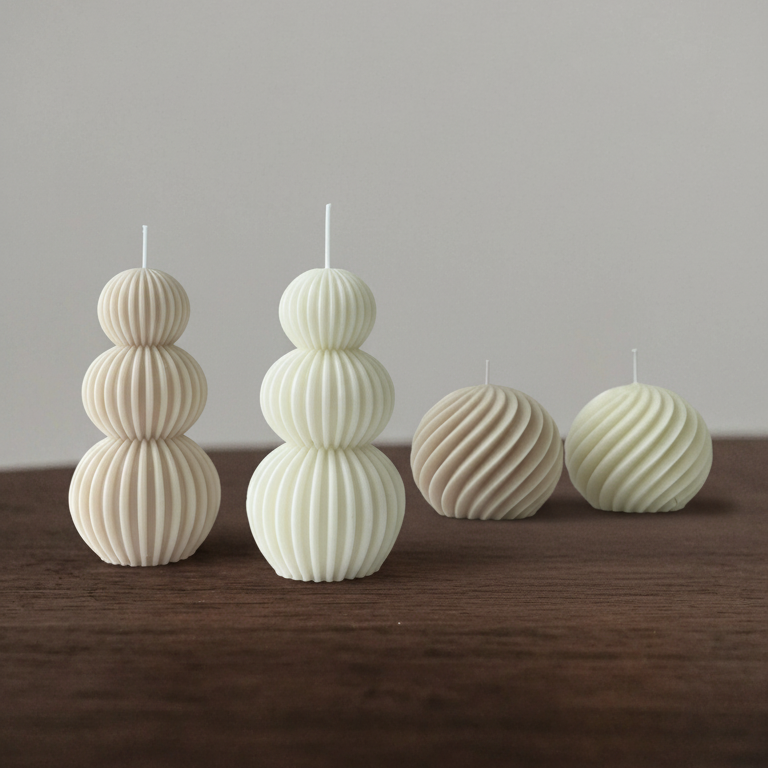 Four textured candles on a wooden surface with a neutral background