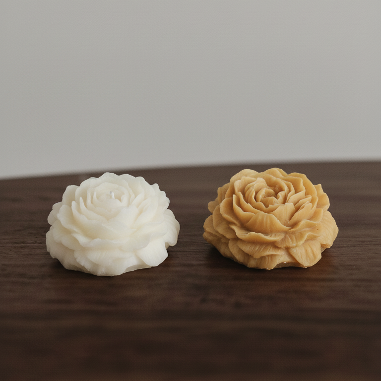 Two flower-shaped candle, one white and one beige, on a wooden surface with a neutral background.