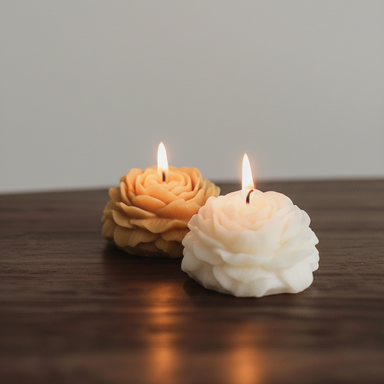 Two candle-shaped flowers on a wooden surface with a gray background