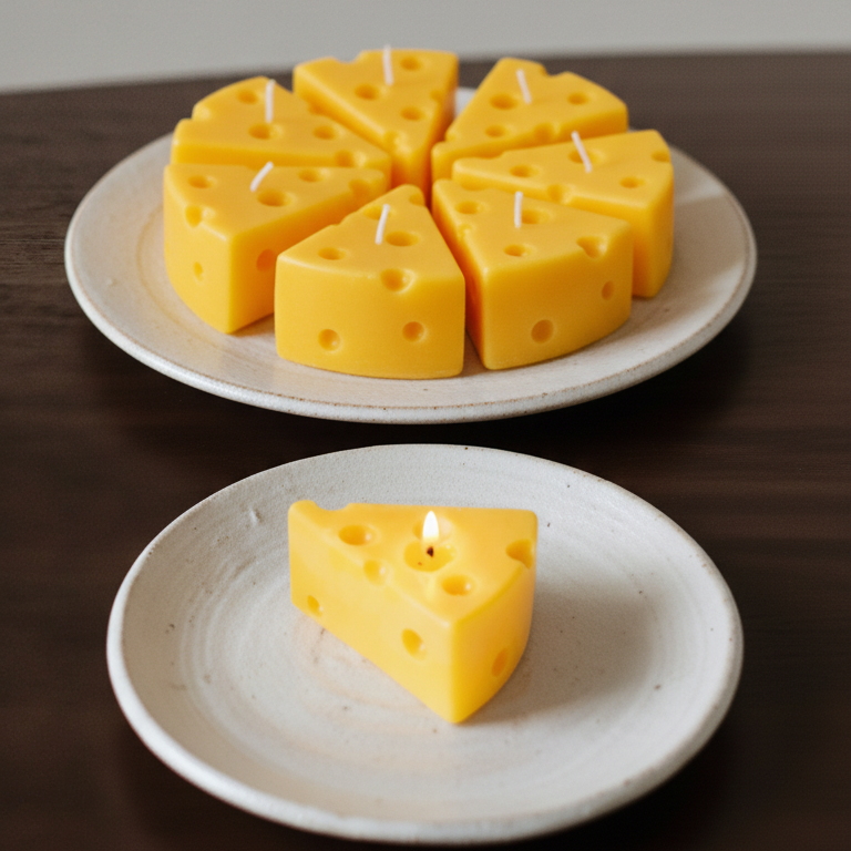 Cheese-shaped candles on white plates with a plain background